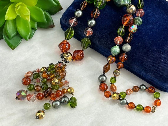 Tassel Necklace - Orange Brown Green Beads 1960s … - image 9