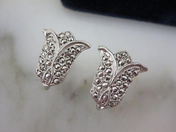 Sterling Silver Marcasite Tulip Earrings - Flower… - image 8