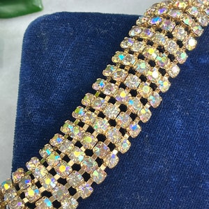 Wide Rhinestone Bracelet - AB Rhinestones Gold Tone, Costume Jewelry