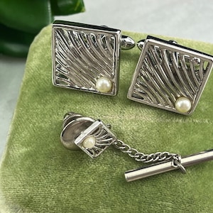 Swank Cufflinks - Mid Century Silver Tone and Faux Pearl Vintage Mens Accessories 1960s For Him
