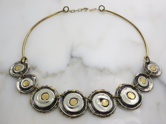 Silver and Brass Collar Necklace - Adjustable, 19… - image 2