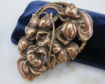 Vintage Brass Dress Clip - Repousse Water Lilies, Lotus Flowers