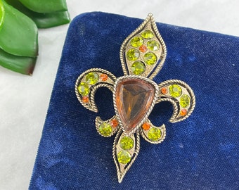 Fleur de Lis Brooch Pendant - Green and Orange Rhinestones Fleur de Lys BSK Jewelry