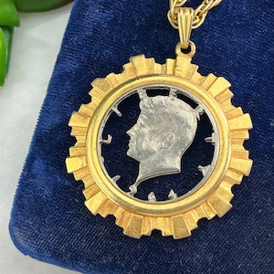 Vintage 1964 Kennedy Half Dollar Cut Coin Pendant Necklace - Gold Tone Setting