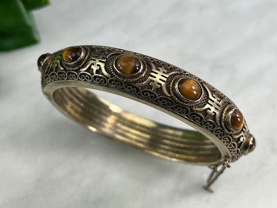 Chinese Tiger Eye Bracelet - Vintage Filigree, Si… - image 1