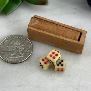 Antiker Miniatur geschnitzter Knochen-Würfel in der hölzernen Dia-Top-Box