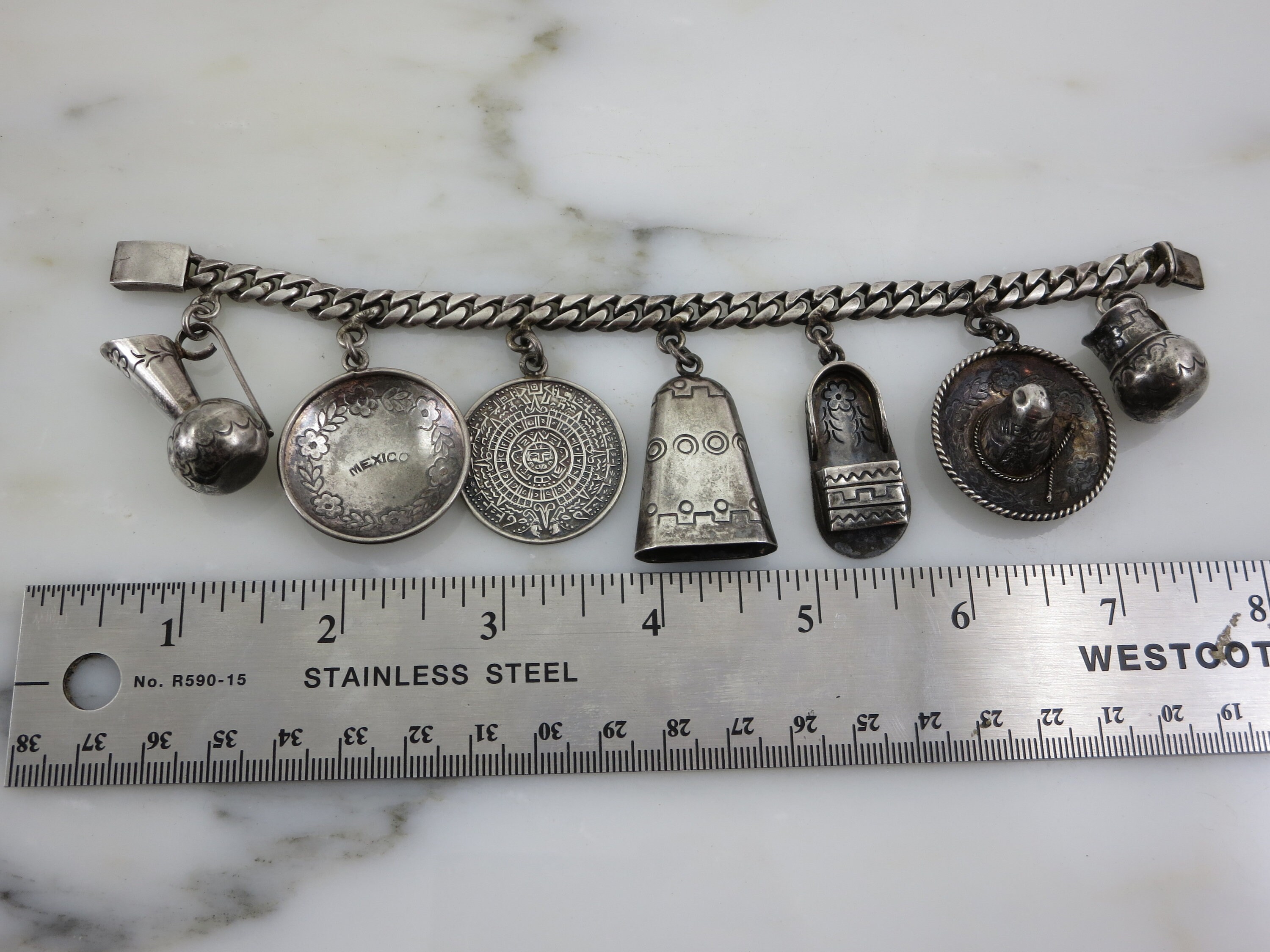Vintage Sterling Silver Charm Bracelet, Mexican Souvenir Tourist Bracelet,  8 Charms 39.7 G -  Israel