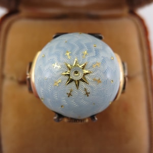 Vintage Turler Guilloche Enamel Flip Top Ring Watch – Swiss Celestial Sunburst Design – Adjustable