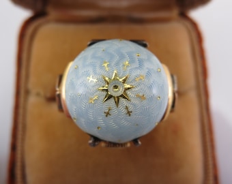 Vintage Turler Guilloche Enamel Flip Top Ring Watch – Swiss Celestial Sunburst Design – Adjustable