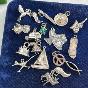 May include: A collection of silver charm bracelets featuring various designs, including a hummingbird, a school bus, a sailboat, a peace sign, a turtle, a cake, a sombrero, a Texas map, a bird, a deer, and a  "Steamboat" charm.