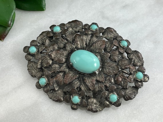 Pot Metal Brooch - Turquoise Cabochon Flowers and… - image 7