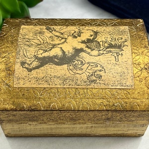 Vintage Florentine Wooden Trinket Box - Jewelry Box, Gold with Cherub