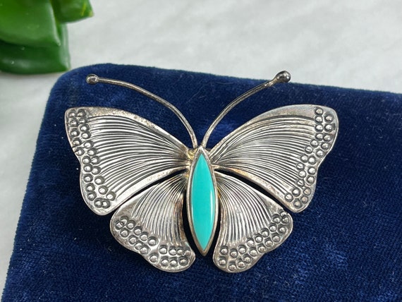 Sterling Silver and Faux Turquoise Butterfly Neck… - image 1