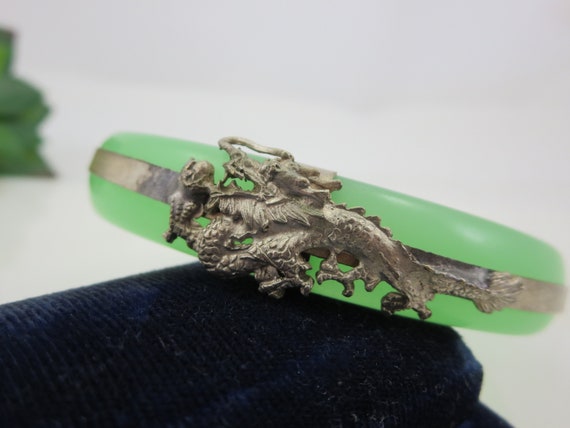Chinese Jade Green Glass Bangle - Metal Overlay D… - image 1