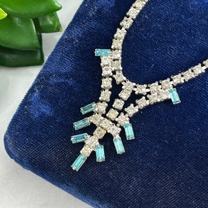 Vintage Blue Rhinestone Necklace - Clear Crystal Prom Wedding Jewelry