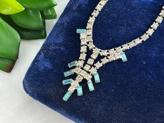 Vintage Blue Rhinestone Necklace - Clear Crystal … - image 1