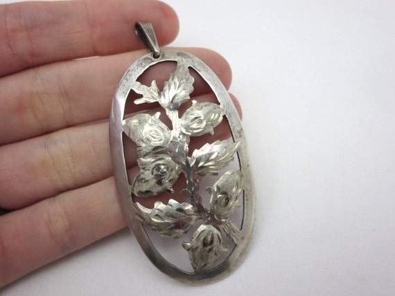 Silver Pendant - Flower Buds, Etched Leaves, Cut … - image 2