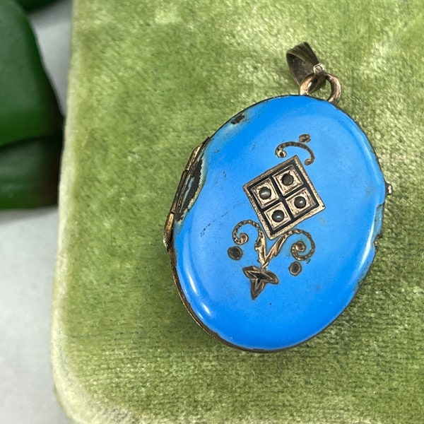 Antique Blue Enamel Locket - Turquoise Blue Enamel 14k Gold Victorian Photo Jewelry