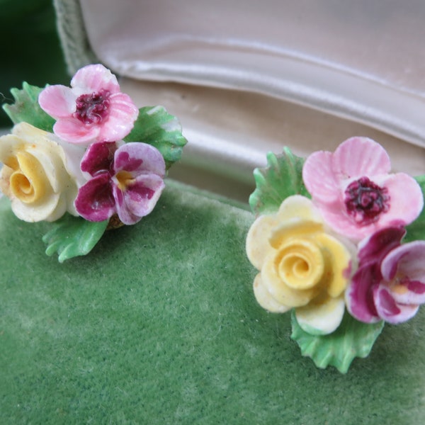 Flower Bouquet Earrings - Porcelain Screw Back Denton Porcelain England Vintage Earrings for Women