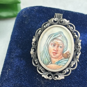 Vintage Painted Portrait Pendant Brooch - 800 Silver Filigree