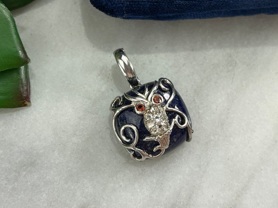 Sterling Silver Owl Necklace Pendant - Lapis & CZ… - image 3