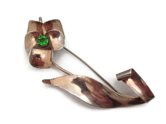Sterling Pansy Flower Brooch - Peridot Rhinestone