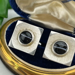 Boutons de manchette Shields vintage : onyx noir, ton argenté