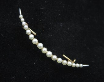 Vintage Crescent Moon Brooch - Seed Pearls 14k Gold 1910s Edwardian Jewelry Celestial Jewelry