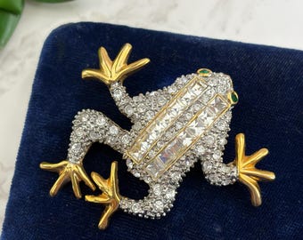 Vintage Strass Frosch Brosche - Crystal Frog Pin silberfarben