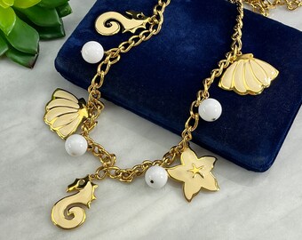 Napier Jewelry Necklace - Gold Tone Seashell Charms with Cream Enamel, Chunky Beach Jewelry