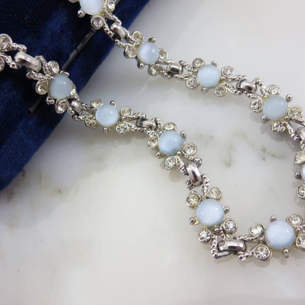 Art Deco Jewelry Necklace - 1930s Blue Moonstone Glass, Rhinestones, Costume Jewelry for Brides, Vintage Necklaces for Women