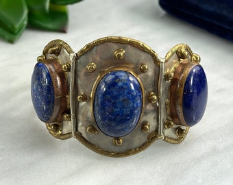 Vintage Boho Lapis Cuff Bracelet - Stone Cabochon, Bangle Bracelets for Women