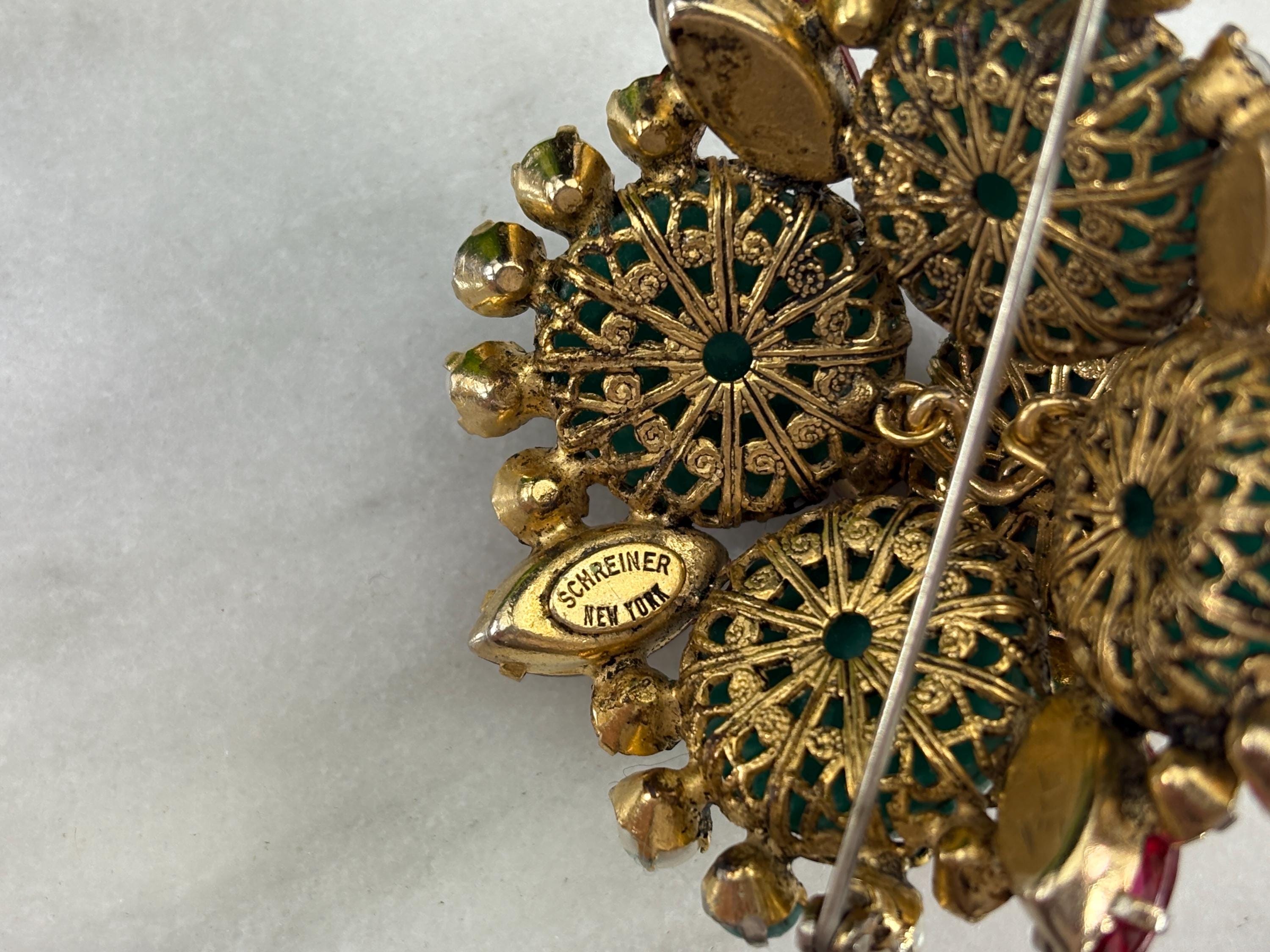 Vintage Signed Schreiner Jewelry Rhinestone Brooch Pin - Pink and