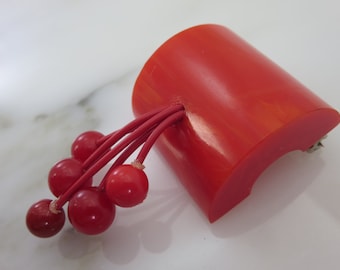 Bakelite Cherry Brooch - Red Carved Cherries Bakelite Jewelry