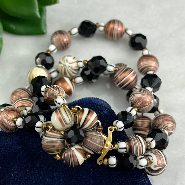 Double Strand Costume Jewelry Beaded Bracelet - Black White and Copper Colors, Marvella Costume Jewelry