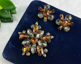 Vintage Rhinestone Brooch and Earring Costume Jewelry Set - Gray and Brown Stones