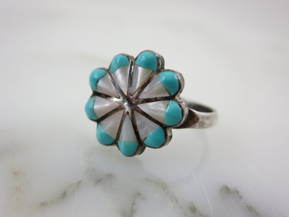 Vintage Turquoise Flower Ring - Mother of Pearl I… - image 5