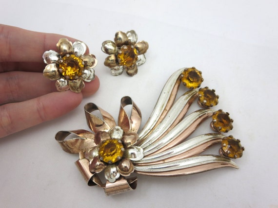 Sterling Brooch and Earring Set - Topaz Rhineston… - image 2