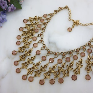 Goldette Bib Necklace - Massive Topaz Glass Bezel Set Stones Fringe Necklace Retro Jewelry Statement