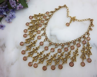 Goldette Bib Necklace - Massive Topaz Glass Bezel Set Stones Fringe Necklace Retro Jewelry Statement