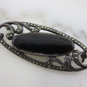 Sterling Marcasite Onyx Brooch - Estate Jewelry