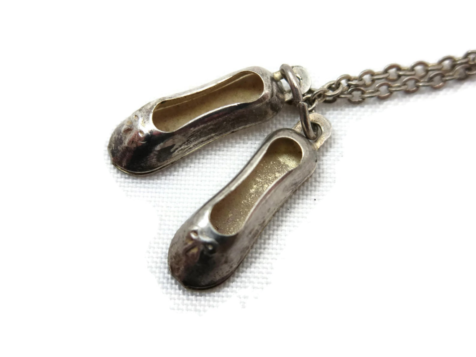 silver ballet slippers necklace pendant - costume jewelry, ballerina charm