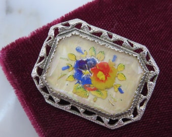 Vintage Reverse Carved Glass Brooch - Floral Jewelry, Reverse Intaglio