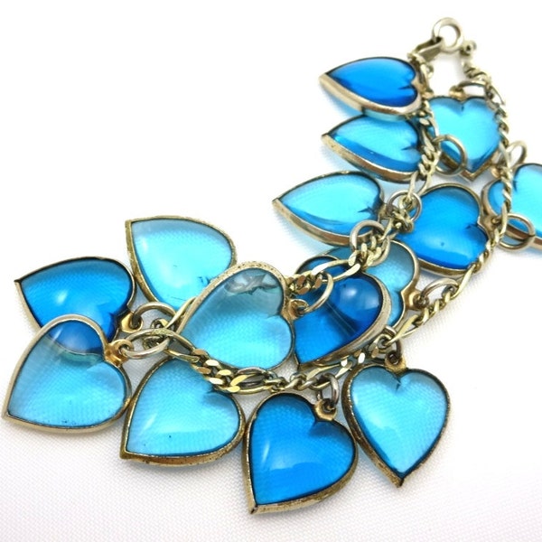 Puffy Heart Charm Bracelet - Blue Glass Sterling Silver