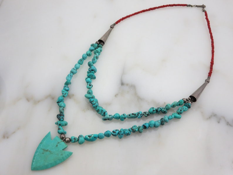 Turquoise Arrowhead Necklace Silver Multi Strand Beaded Etsy