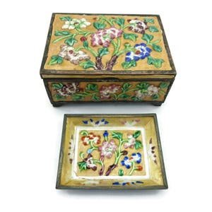 Vintage Chinese Enamel Box - Jewelry Box for Men Yellow Colorful Chrysanthemum Flowers Cigarette Box plus Matching Ashtray