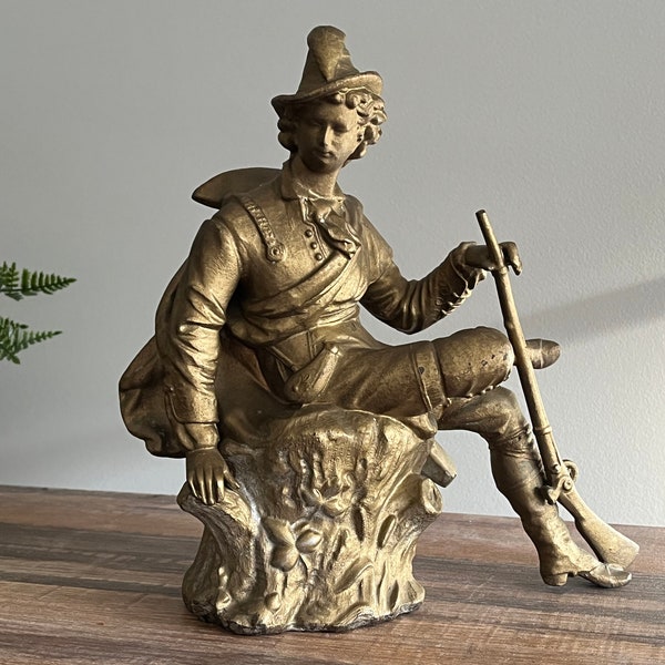 Victorian Spelter Statue - Seated Hunter, Gold Finish, Vintage Home Decor Clock Topper