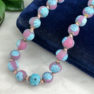 Millefiori Necklace Frosted Venetian Art Glass Beads, Pink and Blue Beaded Necklaces for Women, Estate Jewelry image 5