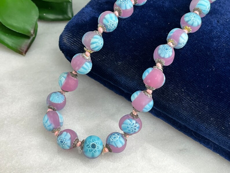 Millefiori Necklace Frosted Venetian Art Glass Beads, Pink and Blue Beaded Necklaces for Women, Estate Jewelry image 5