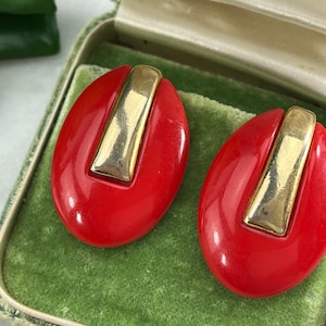 1980s Jewelry - Red Plastic Earrings, Gold Tone, Costume Jewelry Earrings for Women